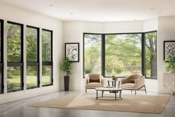 Bright living room with black-framed windows and a bay window looking out to trees