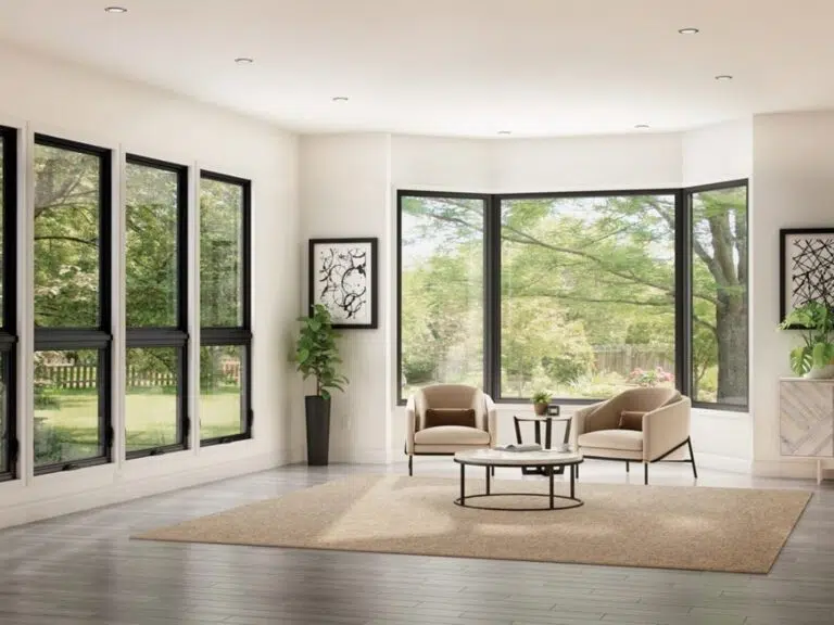 Bright living room with black-framed windows and a bay window looking out to trees