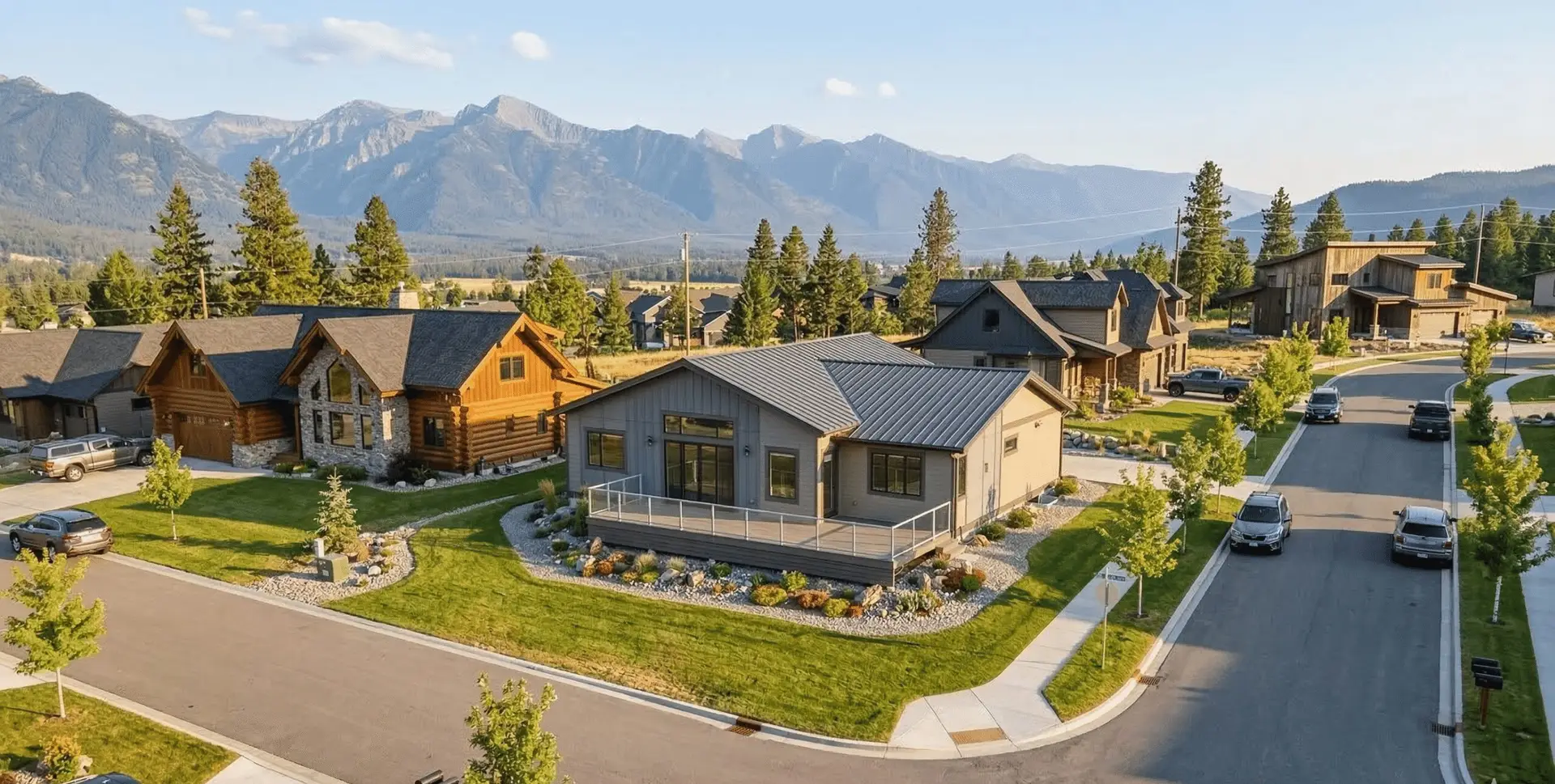 Single-storey home with a grey metal roof and front deck in a mountain neighbourhood